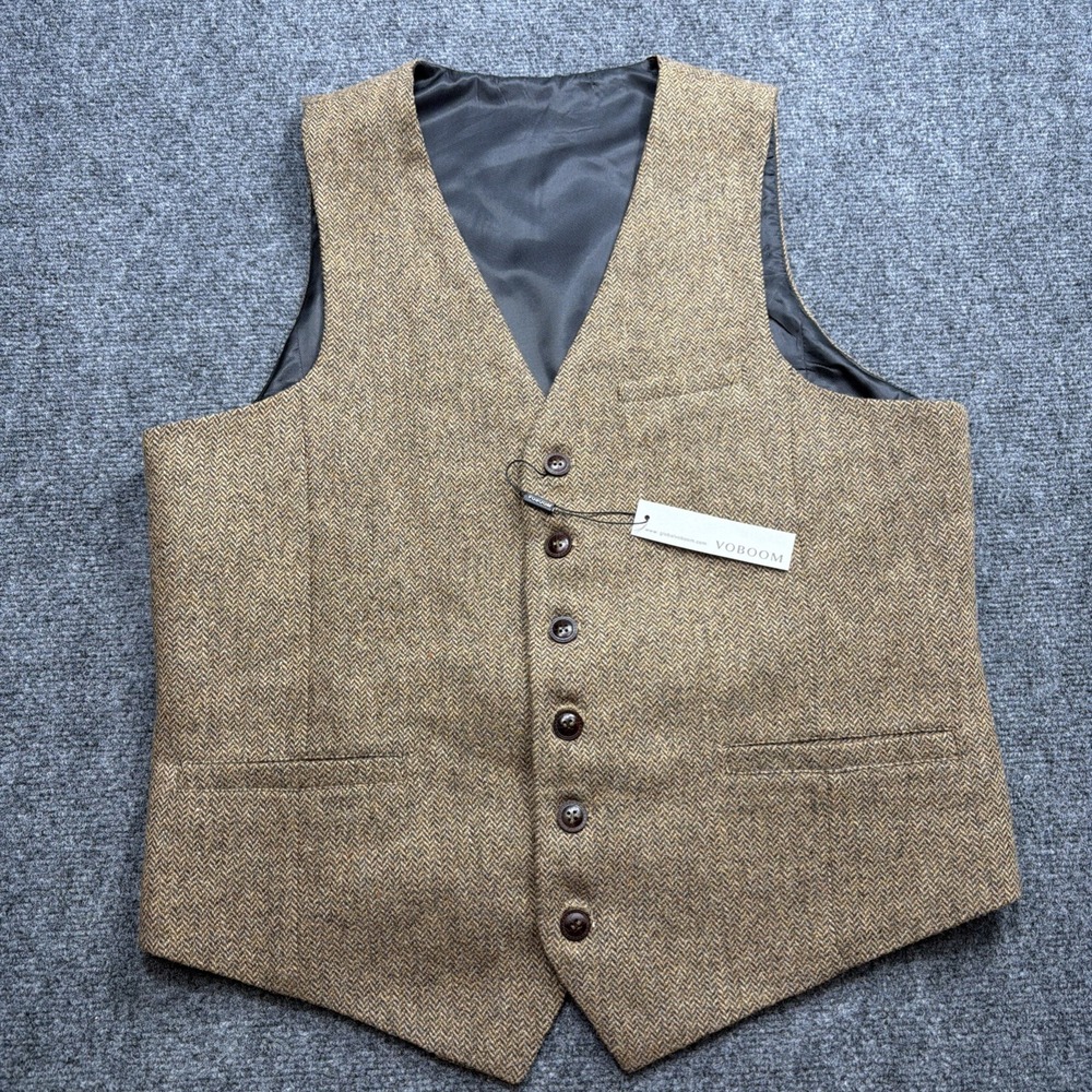 Tweed Vest Voboom Mens Medium Herringbone 100% Wool Pockets W/ Cinch Strap NEW